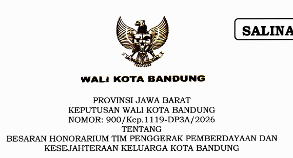 Cover Keputusan Wali Kota Bandung Nomor 900/Kep.1119-DP3A/2026 Tahun 2026 Tentang Besaran Honorarium Tim Penggerak Pemberdayaan Dan Kesejahteraan Keluarga Kota Bandung