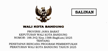 Cover Keputusan Wali Kota Bandung Nomor 188.342/Kep.1588-BagKum/2025 Tahun 2025 Tentang Penetapan Rencana Program Pembentukan Peraturan Wali Kota Bandung Tahun 2025