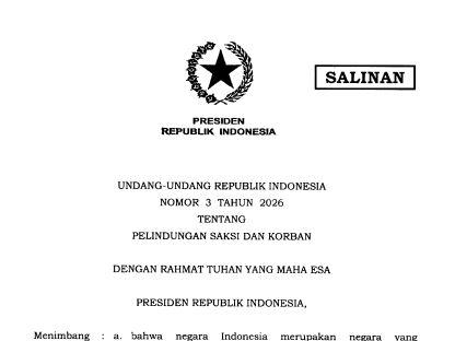 Cover Undang-Undang Republik Indonesia Nomor 3 Tahun 2026 tentang Perlindungan Ssksi dan Korban