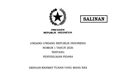 Cover Undang-Undang Republik Indonesia Nomor 1 Tahun 2026 tentang Penyesuaian pidana