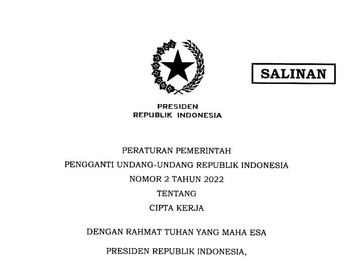 Cover Peraturan Pemerintah Pengganti Undang-Undang Republik Indonesia Nomor 2 Tahun 2022 Tentang Cipta Kerja