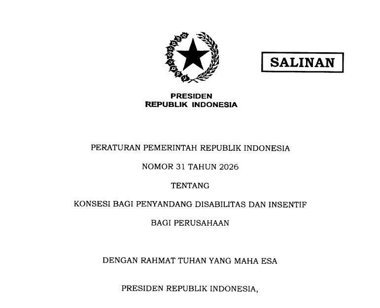 Cover Peraturan Pemerintah Republik Indonesia Nomor 31 Tahun 2026 Tentang Konsesi Bagi Penyandang Disabilitas dan Insentif Bagi Perusahaan