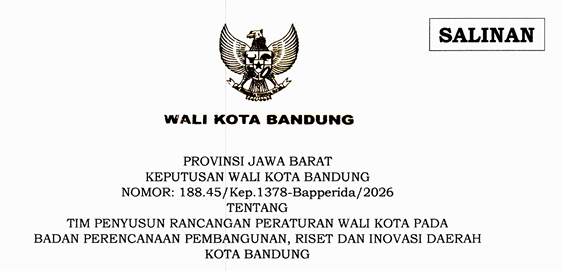 Cover Keputusan Wali Kota Bandung Nomor 188.45/Kep.1378-Bapperida/2026 Tahun 2026 Tentang Tim Penyusun Rancangan Peraturan Wali Kota Pada Badan Perencanaan Pembangunan, Riset Dan Inovasi Daerah Kota Bandung