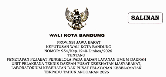 Cover Keputusan Wali Kota Bandung Nomor 954/Kep.1240-Dinkes/2026 Tahun 2026 Tentang Penetapan Pejabat Pengelola Pada Badan Layanan Umum Daerah Unit Pelaksana Teknis Daerah Pusat Kesehatan Masyarakat, Laboratorium Kesehatan Dan Pusat Pelayanan Keselamatan Terpadu Tahun Anggaran 2026