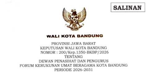 Cover Keputusan Wali Kota Bandung Nomor 200/Kep.1350-BKBP/2026 Tahun 2026 Tentang Dewan Penasihat Dan Pengurus Forum Kerukunan Umat Beragama Kota Bandung Periode 2026-2031
