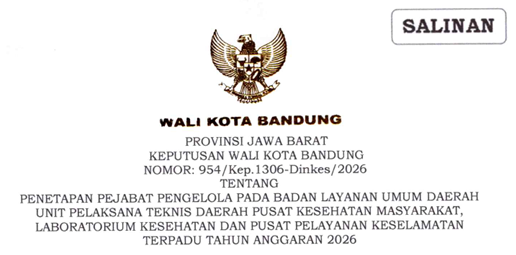 Cover Keputusan Wali Kota Bandung Nomor 954/Kep.1306-Dinkes/2026 Tahun 2026 Tentang Penetapan Pejabat Pengelola Pada Badan Layanan Umum Daerah Unit Pelaksana Teknis Daerah Pusat Kesehatan Masyarakat, Laboratorium Kesehatan Dan Pusat Pelayanan Keselamatan Terpadu Tahun Anggaran 2026