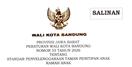 Cover Peraturan Wali Kota Bandung Nomor 35 Tahun 2026 Tentang Standar Penyelenggaraan Taman Penitipan Anak Ramah Anak