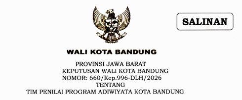 Cover Keputusan Wali Kota Bandung Nomor 660/Kep.996-DLH/2026 Tahun 2026 Tentang Tim Penilai Program Adiwiyata Kota Bandung