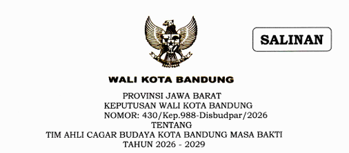Cover Keputusan Wali Kota Bandung Nomor 430/Kep.988-Disbudpar/2026 Tahun 2026 Tentang Tim Ahli Cagar Budaya Kota Bandung Masa Bakti Tahun 2026-2029