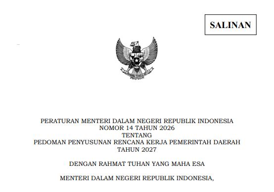 Cover Peraturan Menteri Dalam Negeri Republik Indonesia Nomor 14 Tahun 2026 tentang Pedoman Penyusunan Rencana kerja Pemerintah Daerah Tahun 2027