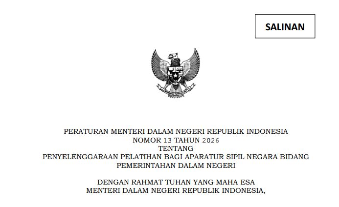 Cover Peraturan Menteri Dalam Negeri Republik Indonesia Nomor 13 Tahun 2026 tentang Penyelenggaraan Pelatihan bagi Aparatur Sipil Negara Bidang Pemerintahan Dalam Negeri