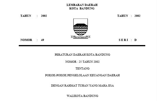 Cover Peraturan Daerah Kota Bandung Nomor 25 Tahun 2002 tentang Pokok-pokok Pengelolaan keuangan Daerah