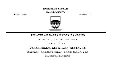 Cover Peraturan Daerah Kota Bandung Nomor 23 Tahun 2009 tentang Usaha Mikro, Kecil, dan Menengah