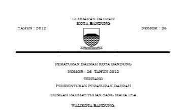 Cover Peraturan Daerah Kota Bandung Nomor 26 Tahun 2012 tentang Pembentukan Peraturan Daerah