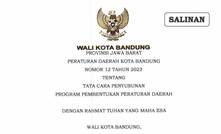 Cover Peraturan Daerah Kota Bandung Nomor 12 Tahun 2023 tentang Tata Cara Penyusunan Program Pembentukan Peratuan Daerah