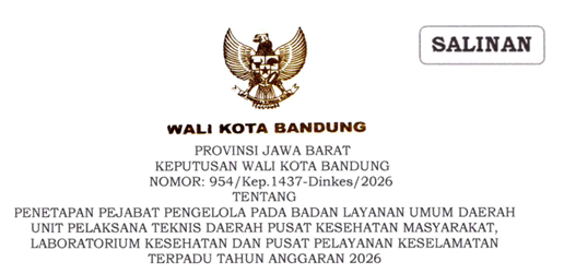 Cover Keputusan Wali Kota Bandung Nomor 954/Kep.1437-Dinkes/2026 Tahun 2026 Tentang Penetapan Pejabat Pengelola Pada Badan Layanan Umum Daerah Unit Pelaksana Teknis Daerah Pusat Kesehatan Masyarakat, Laboratorium Kesehatan Dan Pusat Pelayanan Keselamatan Terpadu Tahun Anggaran 2026